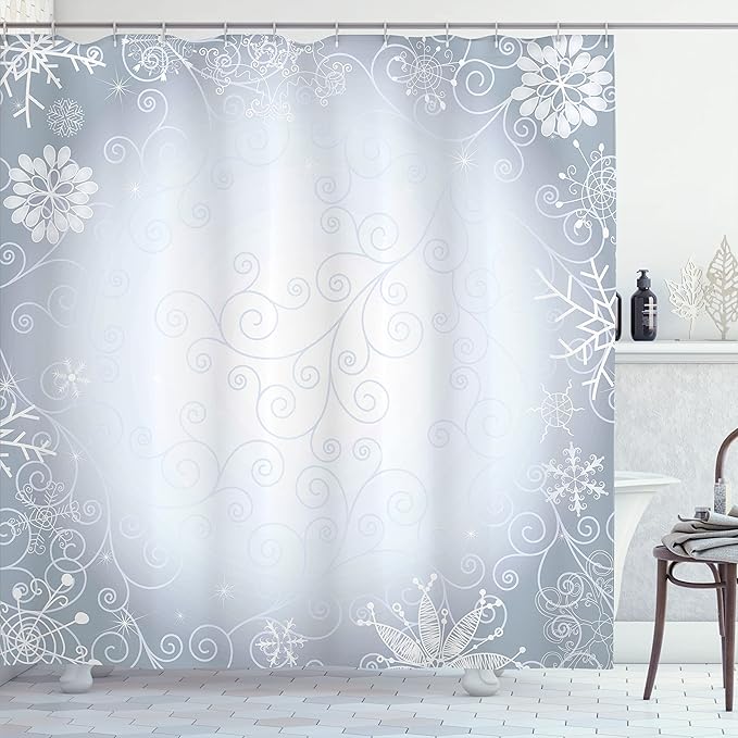 Ambesonne Ombre Shower Curtain, Christmas Theme Gentle Frame with Curls Swirls Snowflakes Lace Inspired Motif, Cloth Fabric Bathroom Decor Set with Hooks, 69" W x 70" L, Pale Blue Coconut