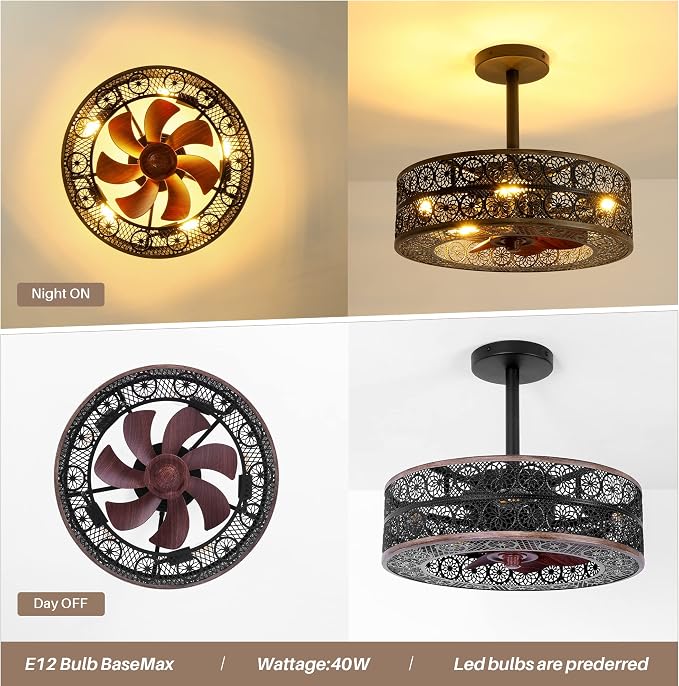 REDSTAR Small Caged Ceiling Fans with Lights, Black Industrial Ceiling Fan with Light and Remote, Farmhouse Ceiling Fan Light for Living Room, Bedroom, Kitchen