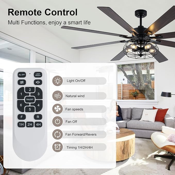 72" Farmhouse Ceiling Fan with Light Industrial Caged Ceiling Fan | Large Rustic Fandelier, Black Metal Chandelier Light for Living Room Covered Outdoor, 5 E26 Bulbs (Not Included), 6 Speeds