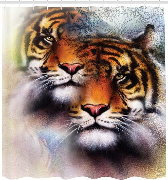 Ambesonne Savannah Shower Curtain, Double Exposure Tiger Collage with 2 Overlapping Images Oriental Mandala Backdrop, Cloth Fabric Bathroom Decor Set with Hooks, 69" W x 75" L, White Orange