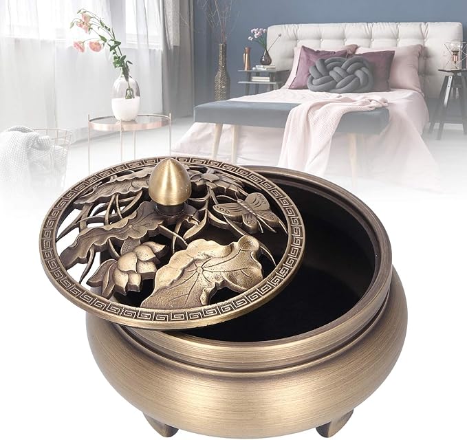 Antique Incense Burner Holder Brass with Lid 3‑Legged Buddha Ornament Home Decoration