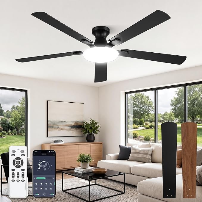 LEDIARY 60 Inch Flush Mount Ceiling Fans with Lights, Remote & APP Control | Bright Light, 3CCT, Memory Function, Timer, Reversible Blades, Quiet DC Motor, Damp-Rated, Living Room, Covered Patio, Adult