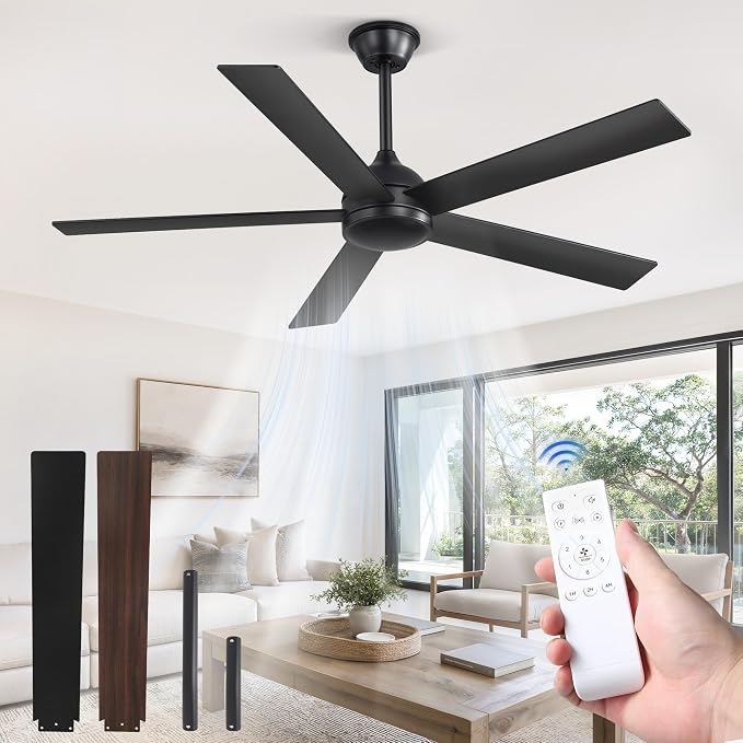52 Inch Ceiling Fan no Light, Black Ceiling Fan with Remote, 6-Speeds, Quiet Reversible DC Motor, Small Ceiling Fans without Lights for Bedroom, Living Room, Patio, Indoor/Outdoor Use
