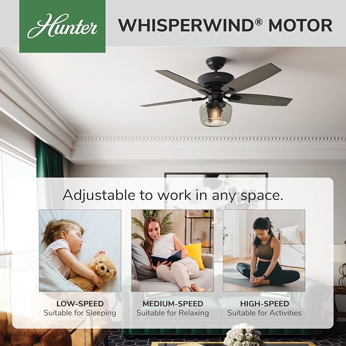 Hunter 52 inch Indoor Ceiling Fan with LED Light and Remote Control - Standard Mount Black Ceiling Fan, 5 Blades, For Bedroom, Living Room, or Kitchen, Quiet - Bennett 54187, Matte Black | with LED Light and Remote Control, Quiet, 5 Blades, For Bedroom...