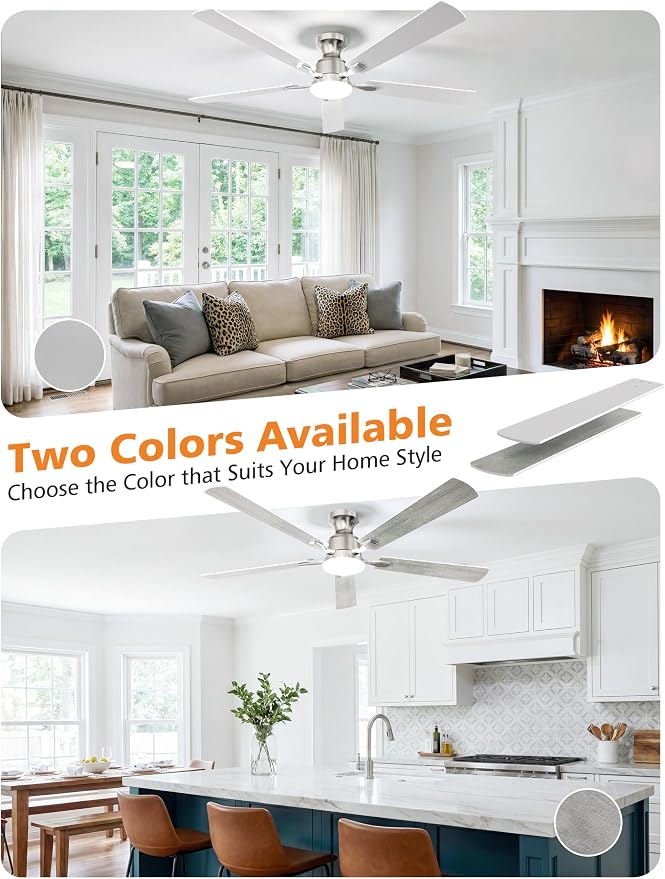 VOLISUN 52 Inch Ceiling Fan with Lights Flush Mount, Low Profile Ceiling Fans with Lights, Remote&APP Control,Dimmable 22W LED Light,Queit&Reversible Fan, Ceilings Fans for Bedroom, Living Room,Nickel