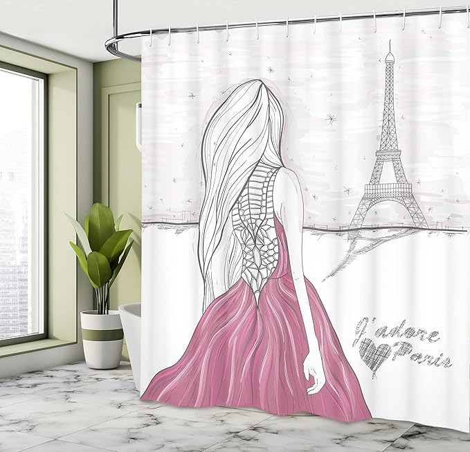 Ambesonne Paris Shower Curtain, Romantic Dramatical Lady Looks at The Eiffel Tower Love Themed Sketch Drawing Style Illustration, Cloth Fabric Bathroom Decor Set with Hooks, 69" W x 70" L, White Pink