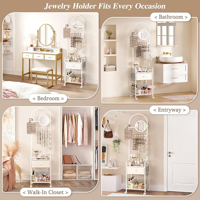 Keebofly Floor Jewelry Organizer with Adjustable Mirror & Drawer | 67.5" Tall Mobile Jewelry Tower with 6 Acrylic Pegboards, Large Drawer & Wheels, Perfect Floor Organizer for Women