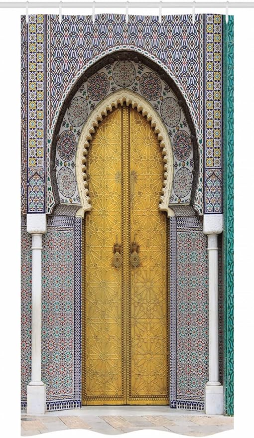 Ambesonne Orient Stall Shower Curtain, Yellow Door of Royal Palace in FES Morocco Vintage Moroccan Artwork Mosaic Style, Fabric Bathroom Decor Set with Hooks, 36" W x 72" L, Navy Ivory