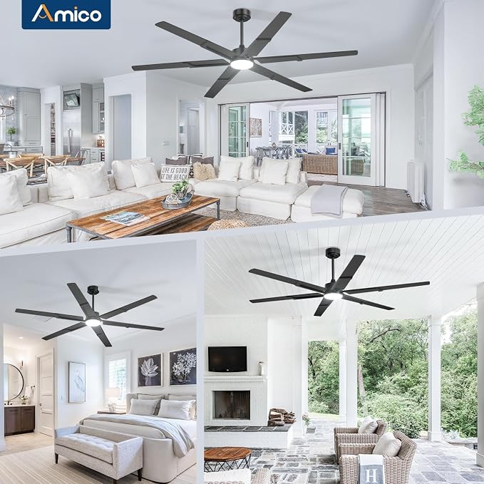 Amico Ceiling Fans with Lights and Remote, 72 Inch Black Indoor/Outdoor Ceiling Fan with 6 Speed, Reversible DC Motor, 3CCT, Dimmable, Noiseless modern ceiling fan for Bedroom, Living Room, Patio
