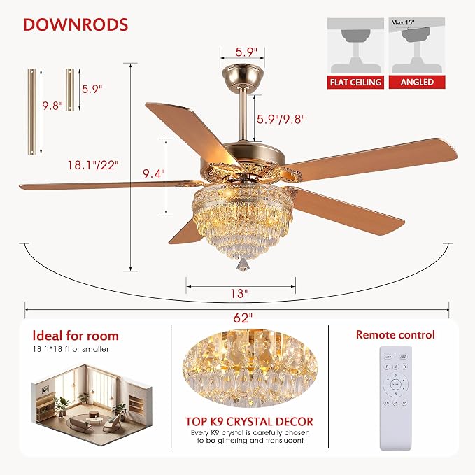 GJeg Crystal Ceiling Fan Fandelier with Lights - Retro Outdoor Fans with Remote Control, Farmhouse Ceiling Fan with Noiseless DC Reversible Motor,Dining Room,Living Room(62" Gold)