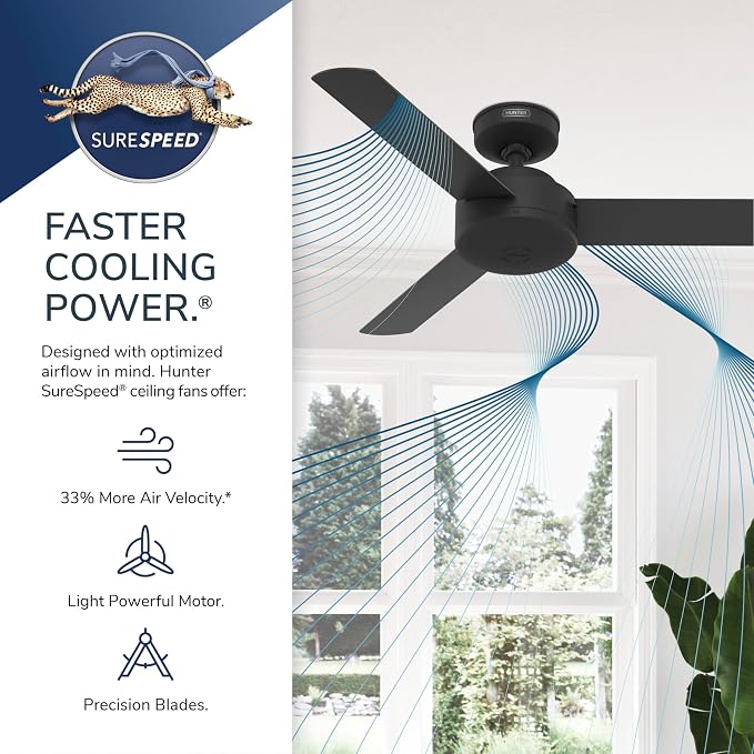 Hunter Presto, Indoor, Ceiling Fan, No Light, Modern, 44 inch, Matte Black | Standard Mount, Wall Control, 3 Blades, For Bedroom, Living Room, Kitchen, 51847