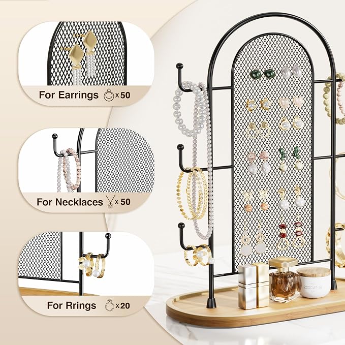 bussdis Jewelry Holder Organizer Earring Display - Earring Storage Tree Stands Towers With 6 Hooks 300 Studs Wood Tray Black Metal Rack