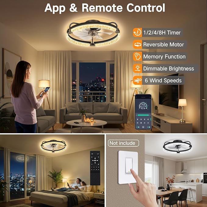 OUTON 20" Fandelier Low Profile Ceiling Fan with Light, Remote & App Control, Flush Mount Ceiling Fan with 3000K-6500K Stepless Dimmable, 6 Speed, Quiet DC Motor, Small Modern Fans for Bedroom