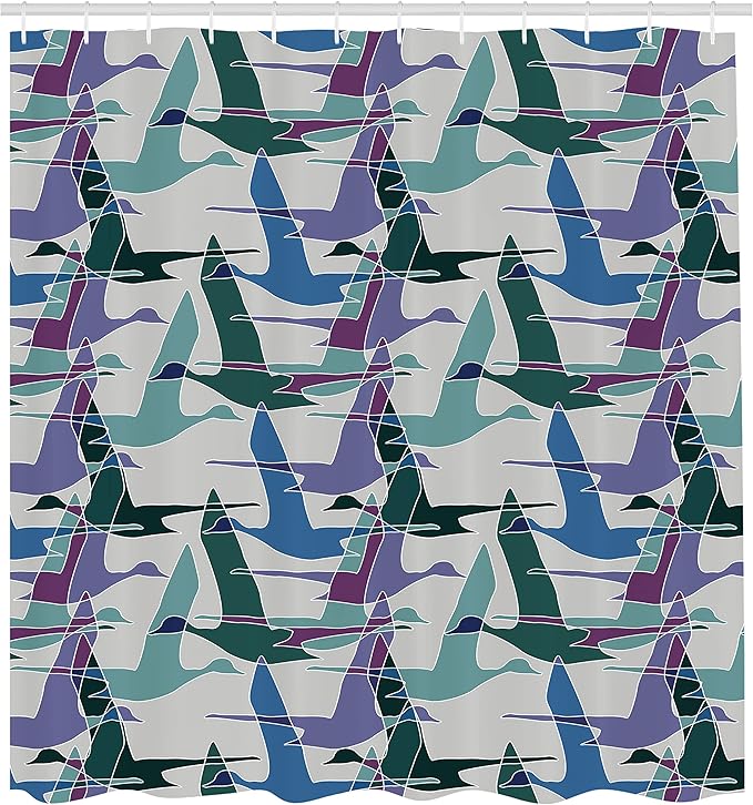 Ambesonne Geese Shower Curtain, Flying Ducks Mallard and Waterfowl Shapes Theme Colorful Abstract Print, Cloth Fabric Bathroom Decor Set with Hooks, 69" W x 70" L, Lilac Green