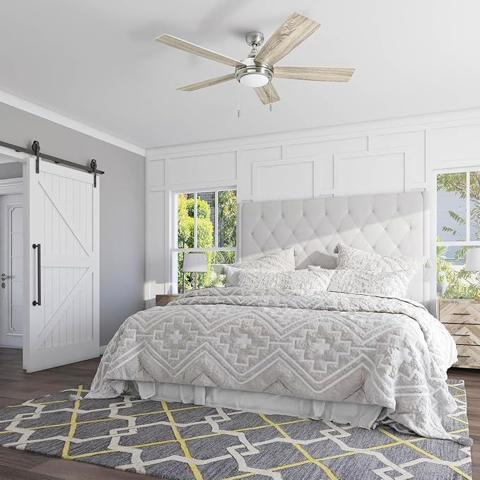 Honeywell Ceiling Fans Ventnor, 52 Inch Modern Farmhouse Indoor LED Ceiling Fan with Light, Pull Chain, Three Mounting Options, Dual Finish Blades, Reversible Motor - 50606-01 (Brushed Nickel)