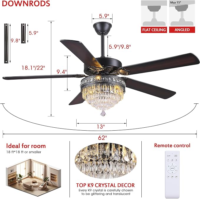 GJeg Crystal Ceiling Fan Fandelier with Lights - Outdoor Ceiling Fans with Remote Control, Farmhouse Ceiling Fan with Noiseless DC Reversible Motor,Dining Room,Living Room(62" Black)