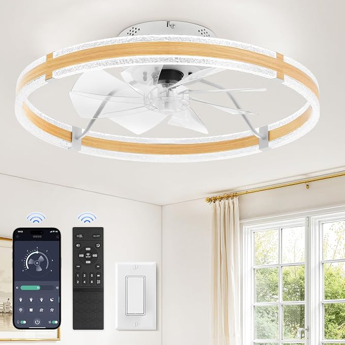 LEDIARY Ceiling Fans with Lights and Remote, 24'' Low Profile Ceiling Fan with Light, 3000-6000K Dimmable Fandelier Ceiling Fans, Modern Flush Mount Fan for Bedroom with 6 Wind Speeds- Wood Grain