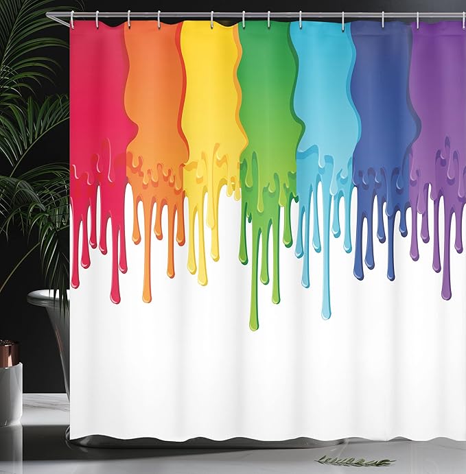 Ambesonne Abstract Shower Curtain, Rainbow Colored Paint Dripping Splattered Drops Creative Graphic Art Design, Cloth Fabric Bathroom Decor Set with Hooks, 69" W x 75" L, White Jade Green Sky Blue