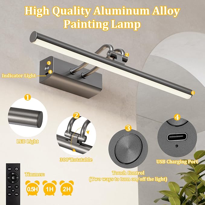Battery Operated Picture Light for Wall, 4000mAh Cordless Wall Lamp for Painting Photo Artwork , Remote Control, Magnetic for Easy to Charge,Timers, 13.8'' Display for Gallery Living Room Bedroom Grey