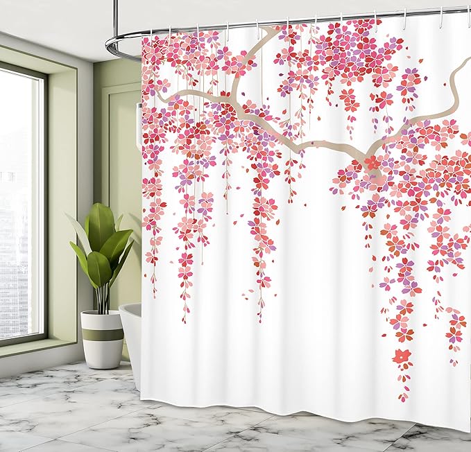 Ambesonne Flower Shower Curtain, Cherry Blossom of Trees on a Branch Springtime of Happy Vacation Traveling Destinations Artwork, Cloth Fabric Bathroom Set with Hooks, 69" W x 75" L, Purple Cocoa