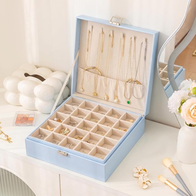 Frebeauty 50 Grid Earring Holder Organizer,2 Layer Jewelry Box for Women | Faux Leather,Velvet Lining,Adjustable Divider,Jewelry Organizer for Ring Necklace and Bracelet,for Home Use and Jewelry Store