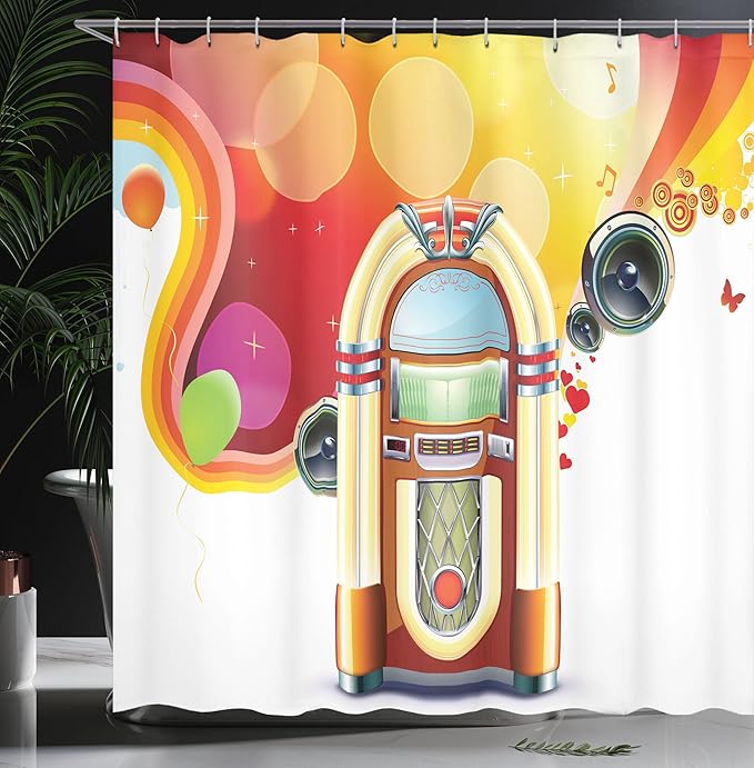 Ambesonne 1950s Shower Curtain, Party Abstract with Detailed Classic Juke Box Celebration Colored Cheerful Fun Event, Cloth Fabric Bathroom Decor Set with Hooks, 69" W x 84" L, Yellow Red
