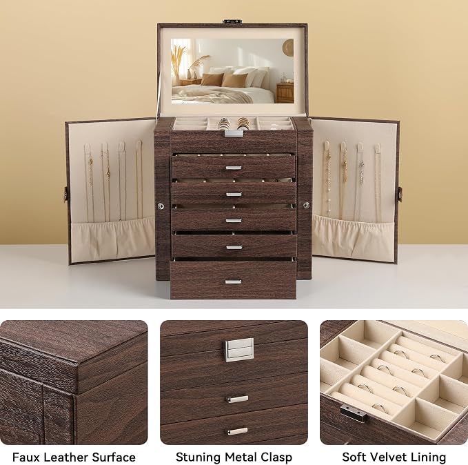 Frebeauty 6-Layer Jewelry Box for Women,Large Jewelry Organizer with Drawer | Faux Leather,Built-in Mirror,Spacious Jewelry Storage,16 Necklace Hooks,Organizing by Category for Rings Earrings Bracelet