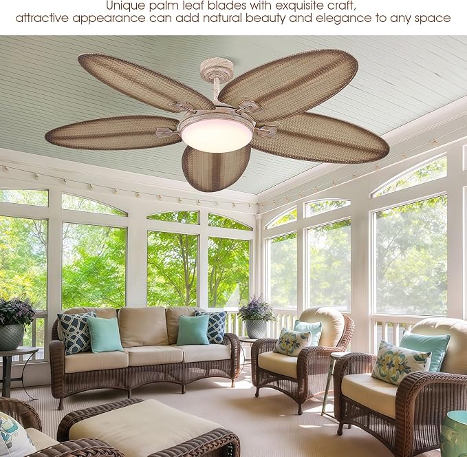 62"Large Unique Tropical Style Palm Leaf Ceiling Fans with Lights & Remote | Super Large Airflow with 6 Wind Speeds,Reversible,3 LED Light Colors,50W Quiet DC Motor,4H Timer,Suits for Living Room Patio