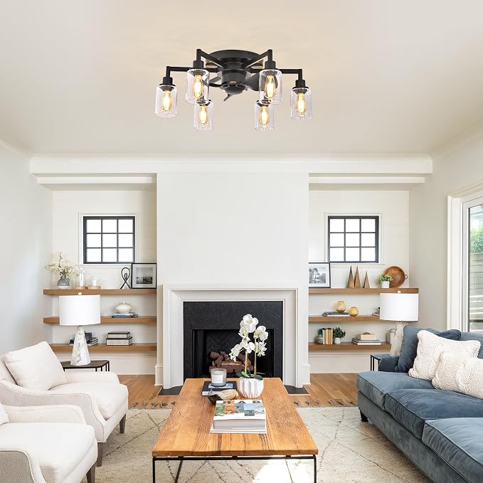 Garwarm 26IN Ceiling Fans with Lights, Black Flush Mount Ceiling Fan with Lights Remote Control,Low Profile Bladeless Ceiling Fan Light Fixture for Bedroom, Kitchen, Dining Room