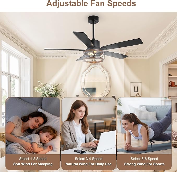 Qcyuui Farmhouse Ceiling Fan with Light 52 Inch Ceiling Fan with Light, Quiet 6-Speed Reversible DC Motor, Dual Finish 5 Blades, Rustic Caged Fandelier Ceiling Fan with Light for Living Room