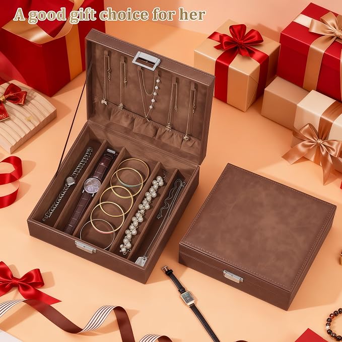 BEWISHOME Jewelry Boxes for Women, 2-Layer Necklace Organizer Box, Modern Style Jewelry Organizers and Storage with Removable Pad, Mothers Day (Brown SSH31Z)