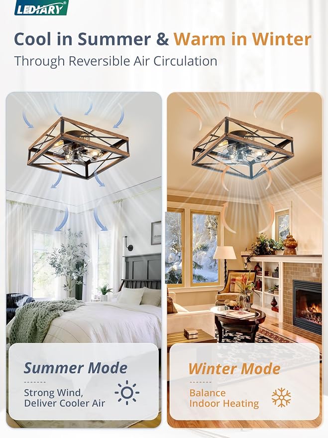 LEDIARY 20” Caged Flush Mount Square Ceiling Fans with Lights and Remote | 6 Speed and Reversible, Small Farmhouse Rustic Ceiling Fan, Low Profile Ceiling Fan for Bedroom, Kitchen, Dining Room