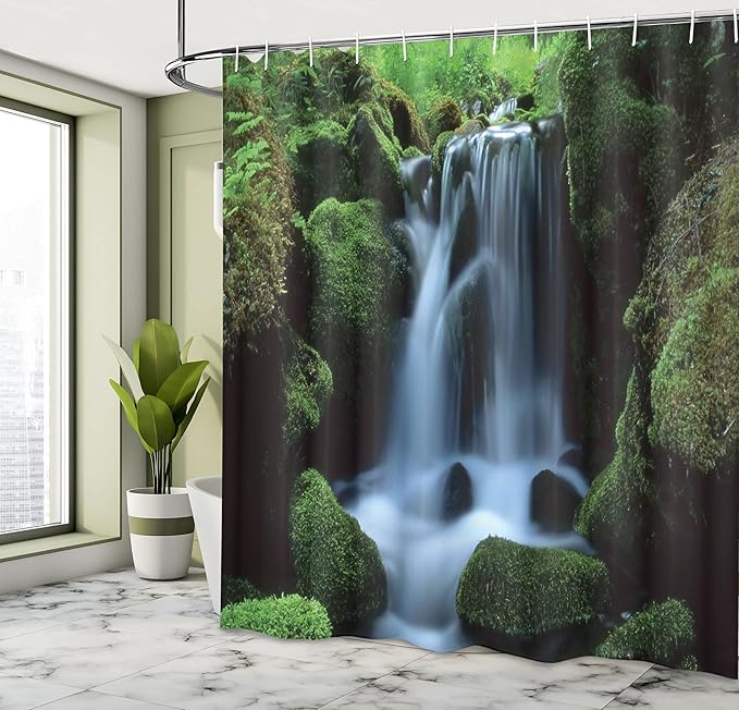 Ambesonne Waterfall Shower Curtain, Flowing Water from Mountains and Stream with Moss Covered Stones Picture, Cloth Fabric Bathroom Decor Set with Hooks, 69" W x 84" L, Dark Green White