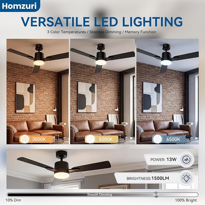42" Ceiling Fan with Light and Remote, 6 Speed, Reversible Quiet DC Motor, 3CCT & Dimmable, Fast Install, Dual Finish 3 Blades Downrod Ceiling Fan with Lights for Bedroom, Living Room, Apartment