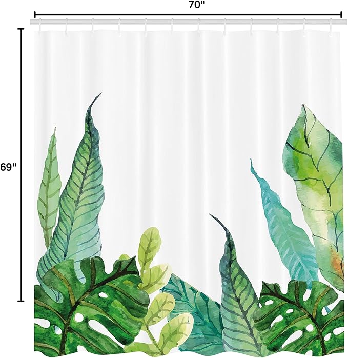 Ambesonne Leaf Shower Curtain, Watercolor Hand Drawn Style Print Panda Banana Fragipani Tropical Trees Exotic Leaves, Cloth Fabric Bathroom Decor Set with Hooks, 69" W x 70" L, Green White