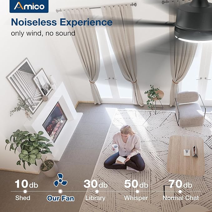 Amico 62 Inch Ceiling Fans with Lights and Remote, Black Indoor/Outdoor Ceiling Fan with 6 Speed, Reversible DC Motor, 3CCT, Dimmable, Noiseless modern ceiling fan for Bedroom, Living Room, Patio
