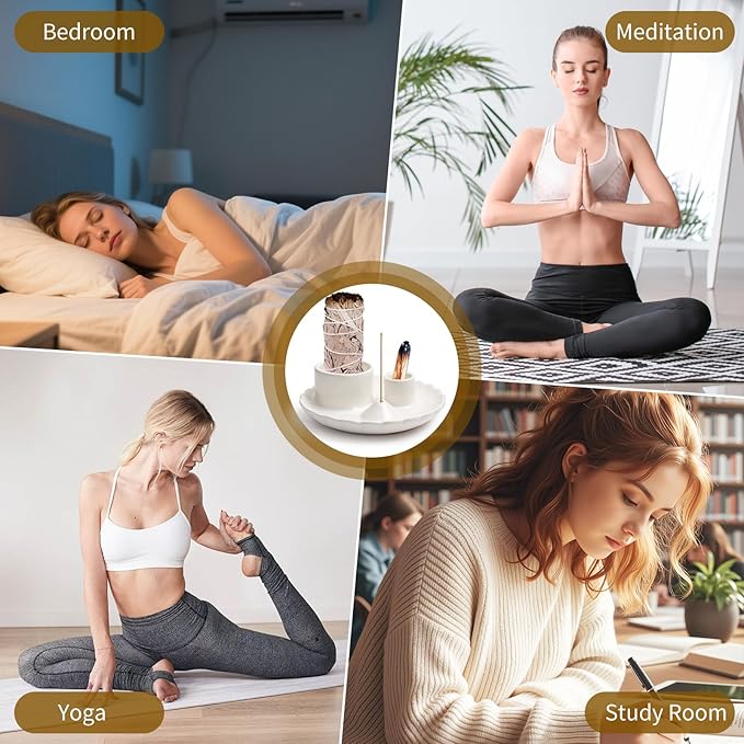 4 in 1 Incense Holder, Palo Santo Holder for Burning Sage, Sticks & Candle, Ceramic Incense Burner， 5.3" Ceramic Ash Catcher Tray for Meditation Room Home Decor