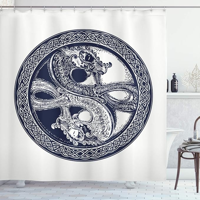 Ambesonne Celtic Dragon Shower Curtain, Mystic Yin Yang Creatures in Round Frame, Cloth Fabric Bathroom Decor Set with Hooks, 69" W x 84" L, Violet Blue Off White