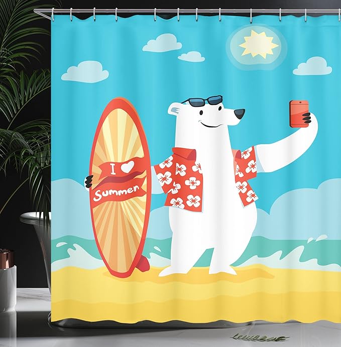 Ambesonne Sea Animals Shower Curtain, Polar Bear with I Love Summer Surfboard Taking Selfie at Beach Comic Fun Art, Cloth Fabric Bathroom Decor Set with Hooks, 69" W x 84" L, Aqua Yellow