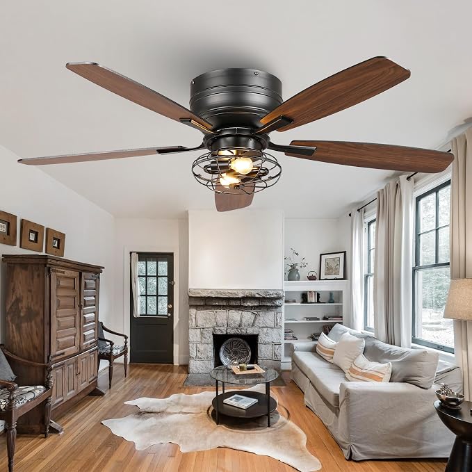 48" Flush Mount Farmhouse Ceiling Fans with Lights and Remote, 6-Speed Quiet Reversible Motor, Timing Function Low Profile Ceiling Fan for Bedroom Living Room Patio
