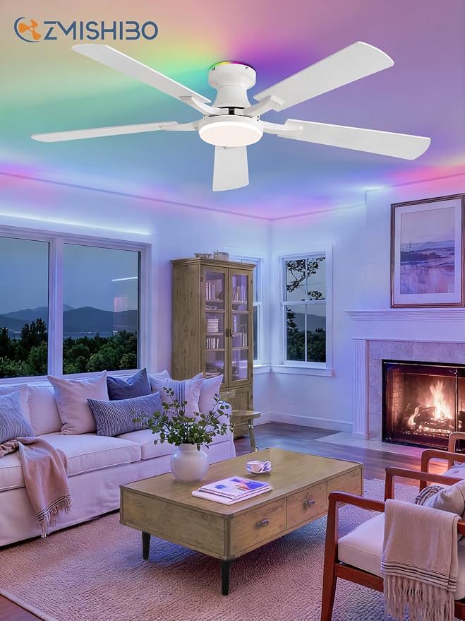 ZMISHIBO 52 Inch Ceiling Fan with RGB Lights, Low Profile Flush Mount with Alexa/App/Remote, Dimmable 20W LED Light, White Modern for Living Room, Bedroom, Game Room