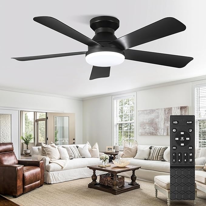 Hywyimlait Black 42Inch Ceiling Fan Light with Remote Control, Flush Mount Installation, Reversible Rotation, 3 Color Temperatures, 2/4H Timer, Suitable for Bedrooms, Living Rooms, Indoor/Outdoor Use