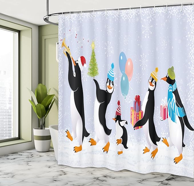 Ambesonne Christmas Shower Curtain, Group of Penguins in Caps Walking on Snow with Surprise, Cloth Fabric Bathroom Decor Set with Hooks, 69" W x 75" L, Soft Lavender