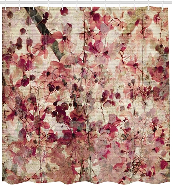 Ambesonne Antique Shower Curtain, Grungy Effect Cherry Blossoms on Retro Background Floral Art Work Nostalgia, Cloth Fabric Bathroom Decor Set with Hooks, 69" W x 70" L, Beige and Pink