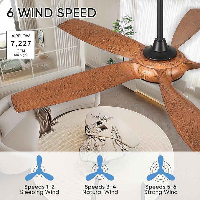 54'' Ceiling Fans with Lights, Indoor/Outdoor Modern Ceiling Fan with Remote, ABS Plastic Blades, Reversible DC Motor, 6 Speeds, 3 Color Lights, ETL Listed, for Bedroom Living Room (Brown)
