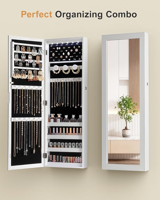 Nicetree 6 LEDs Mirror Jewelry Cabinet, Large Capacity Lockable Jewelry Armoire Organizer, Door or Wall Mounted Mirror with Jewelry Storage, Gift Idea, White