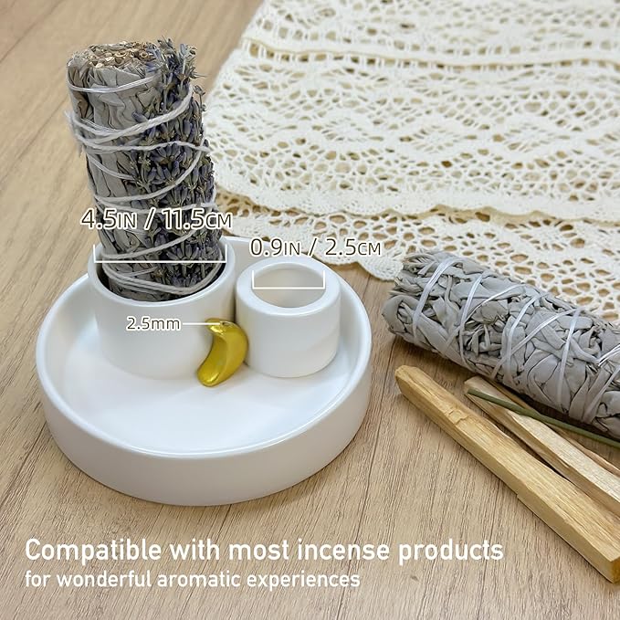 4 in 1 Incense Burner Holder, Palo Santo Holder, Sage Holder for Burning, Ceramic Incense Sticks Holder for Meditation Yoga Room Home Decor (White)