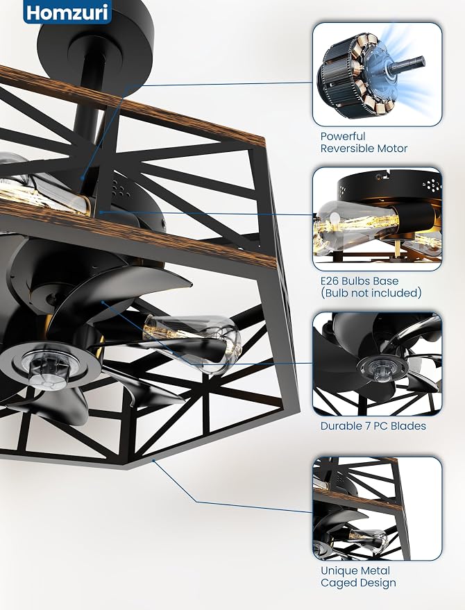 20" Caged Ceiling Fan with Light and Remote App Control, Rustic Hexagonal Downrod Mount Ceiling Fandelier Lights, 6 Speed and Reversible, Farmhouse Industrial Style for Bedroom, Kitchen