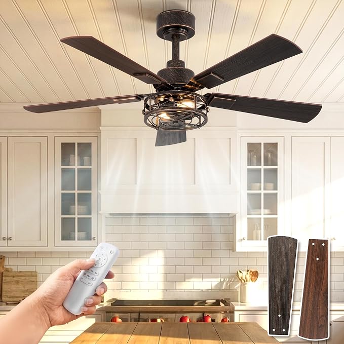 Farmhouse Ceiling Fans with Lights, 42 Inch Bedroom Ceiling Fan with Remote Control, Quiet and Reversible DC Motor, 6-Speed 5 Blades Caged Ceiling Fan for Bedroom, Living Room, Black and Gold Color