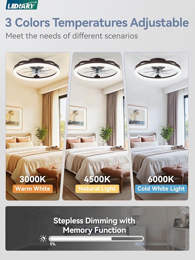 LEDIARY 20 Inch Low Profile Ceiling Fans with Lights and Remote, Dimmable Modern Fan Light(3000K-6000K), 6 Speed, Reversible, APP & Remote Control, Flush Mount Ceiling Fan for Bedroom, Brown